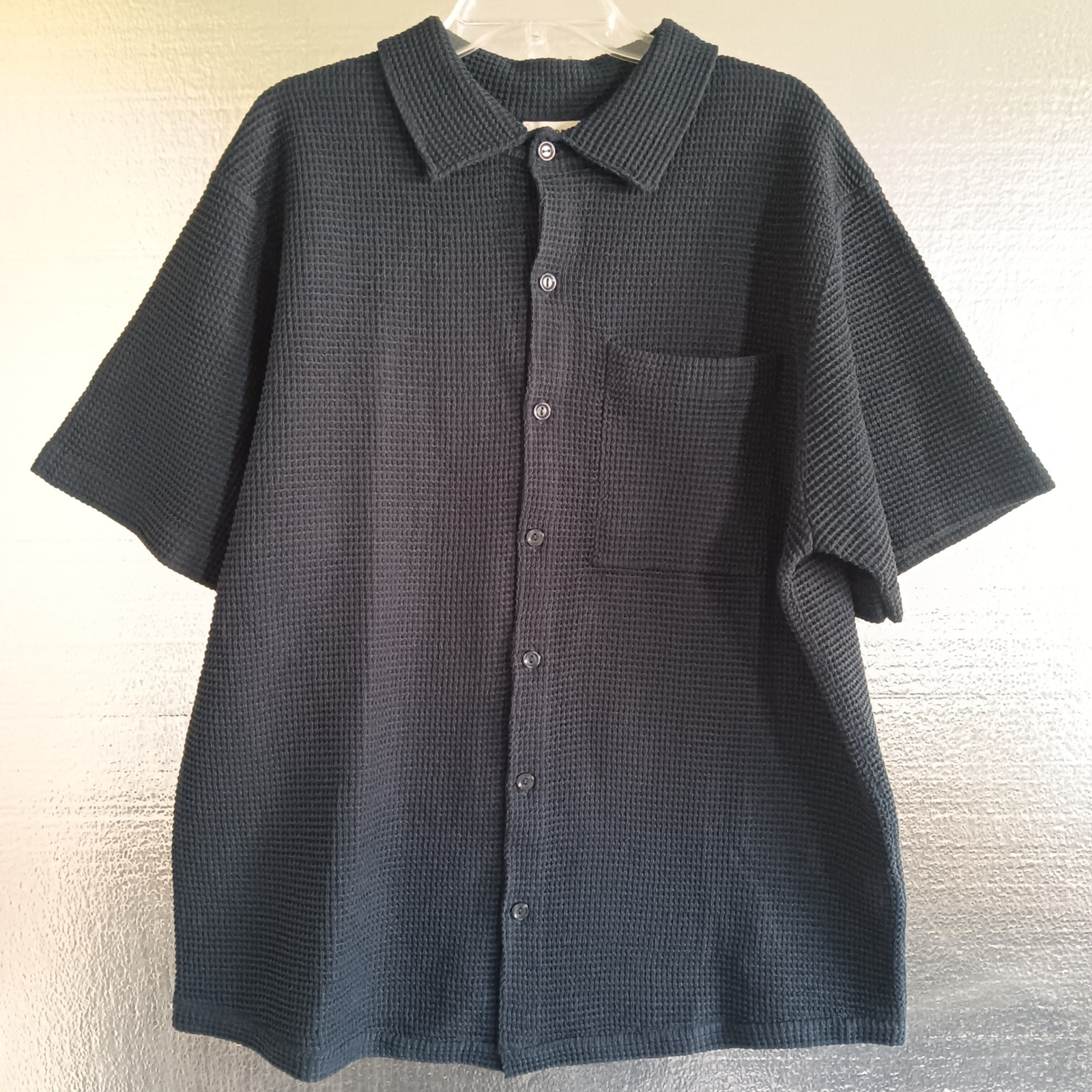 Sandro Waffle Knit Shirt Mens Xxl Navy Blue Nwt Short Sleeve Button Up